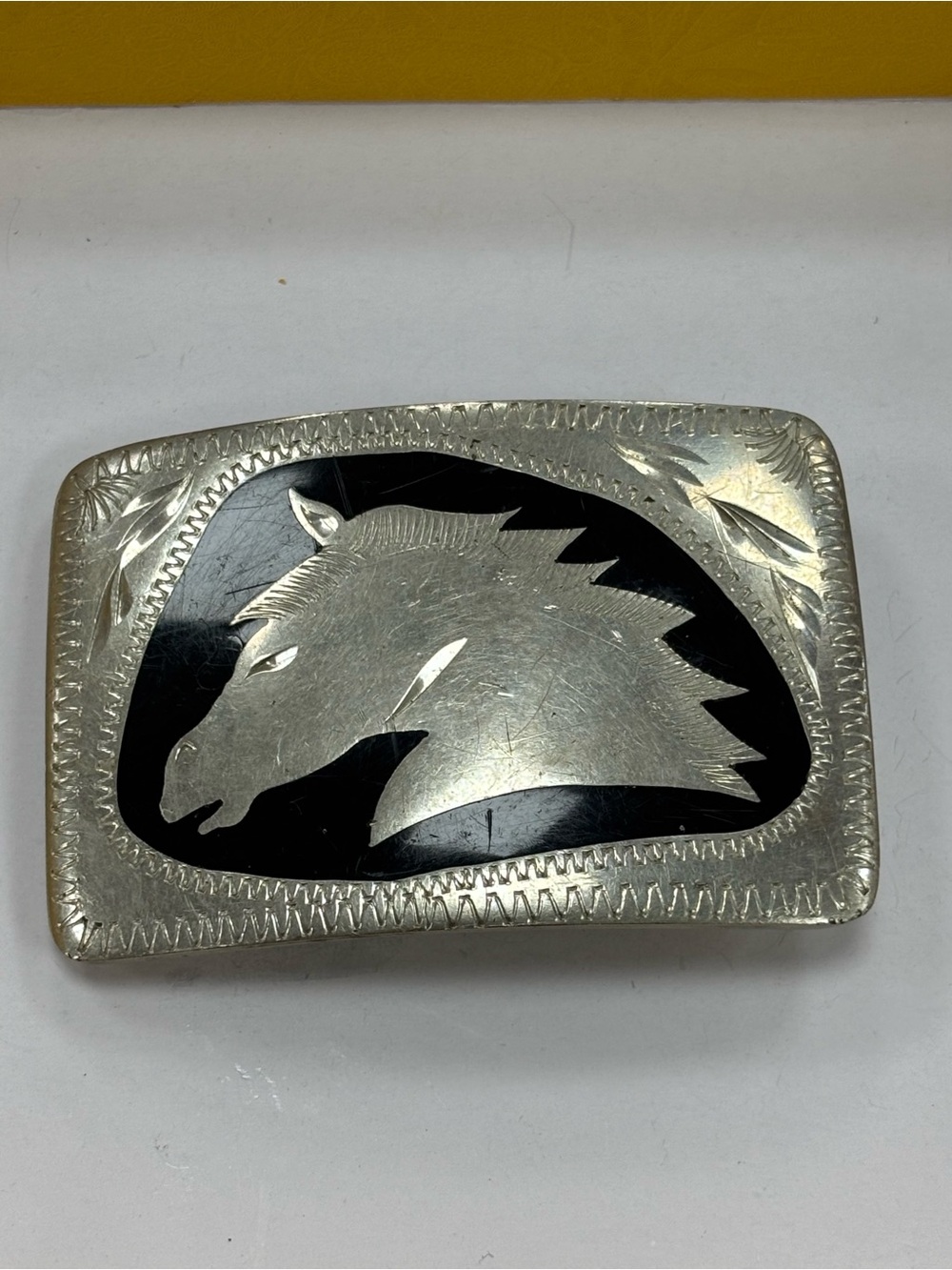 Vintage Western German Silver Engraved Horse Head Belt Buckle Black Onyx